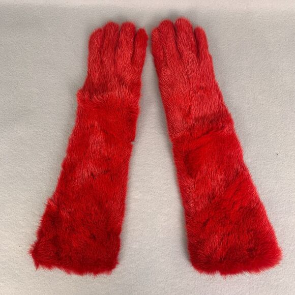Red Leather Silk Lined Gloves 8 Genuine Leather Fur Trim Opera Classic Elegance - Picture 1 of 7